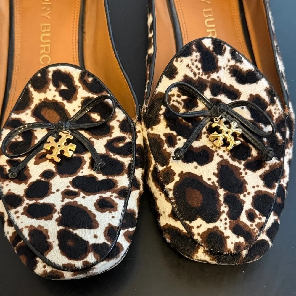 Tory Burch Leopard Print Flats with Black Trim and Flexible Leather Heel